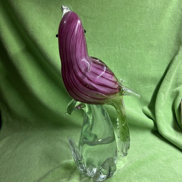 OLLIERV Diamond Star Art Glass Heavy Toucan Pink Green With Clear Beak 12” Tall - Picture 4 of 10